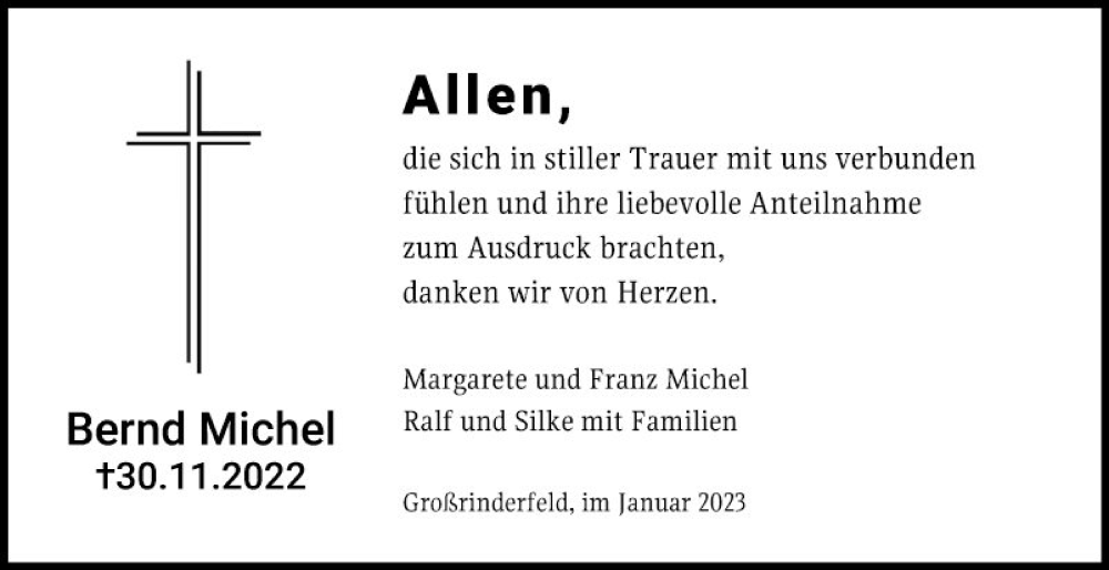  Traueranzeige für Bernd Michel vom 07.01.2023 aus Fränkische Nachrichten