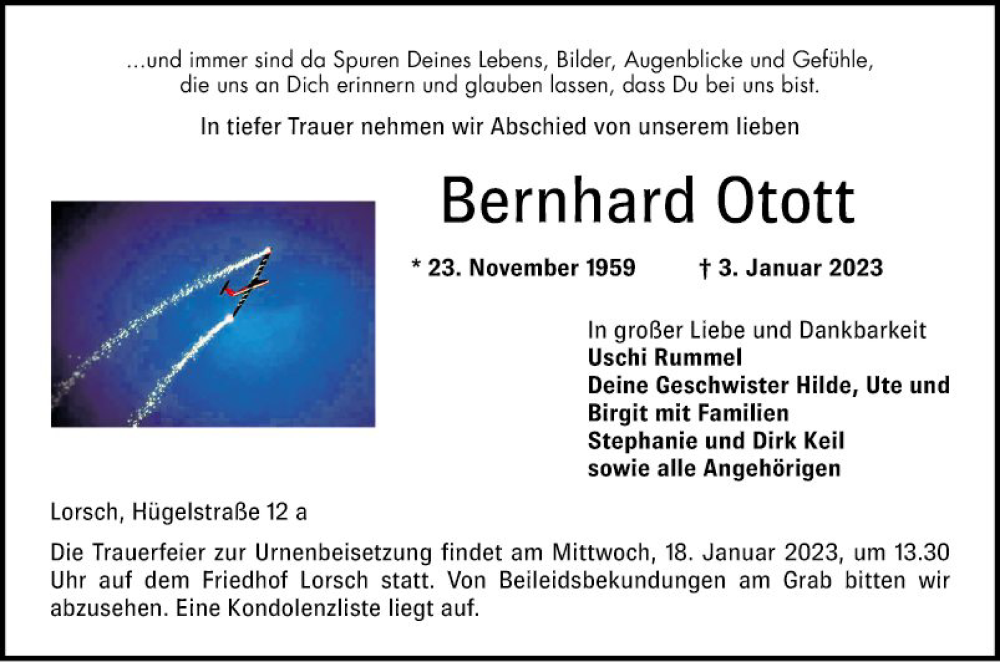  Traueranzeige für Bernhard Otott vom 14.01.2023 aus Bergsträßer Anzeiger