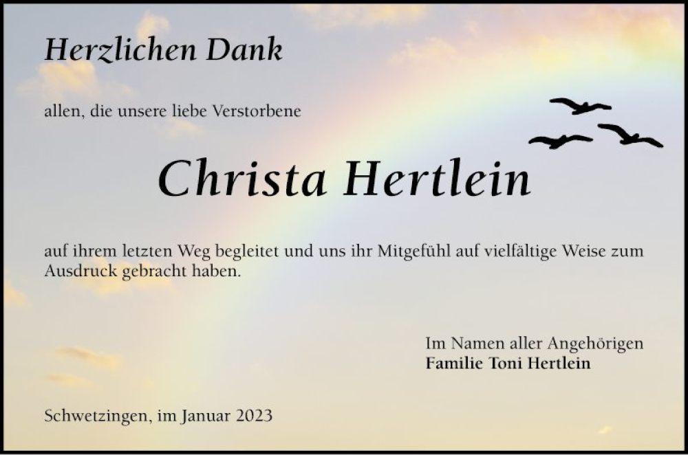  Traueranzeige für Christa Hertlein vom 28.01.2023 aus Schwetzinger Zeitung