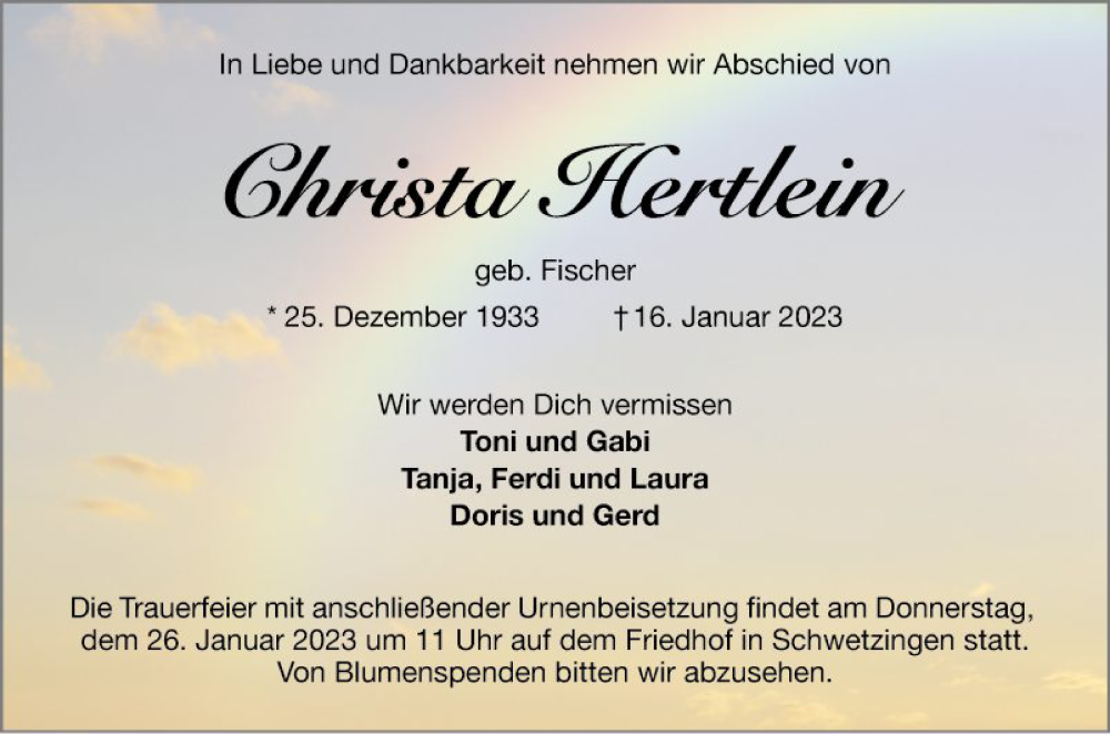  Traueranzeige für Christa Hertlein vom 21.01.2023 aus Schwetzinger Zeitung