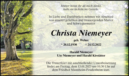 Traueranzeige von Christa Niemeyer von Mannheimer Morgen
