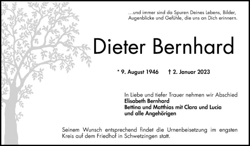  Traueranzeige für Dieter Bernhard vom 07.01.2023 aus Schwetzinger Zeitung