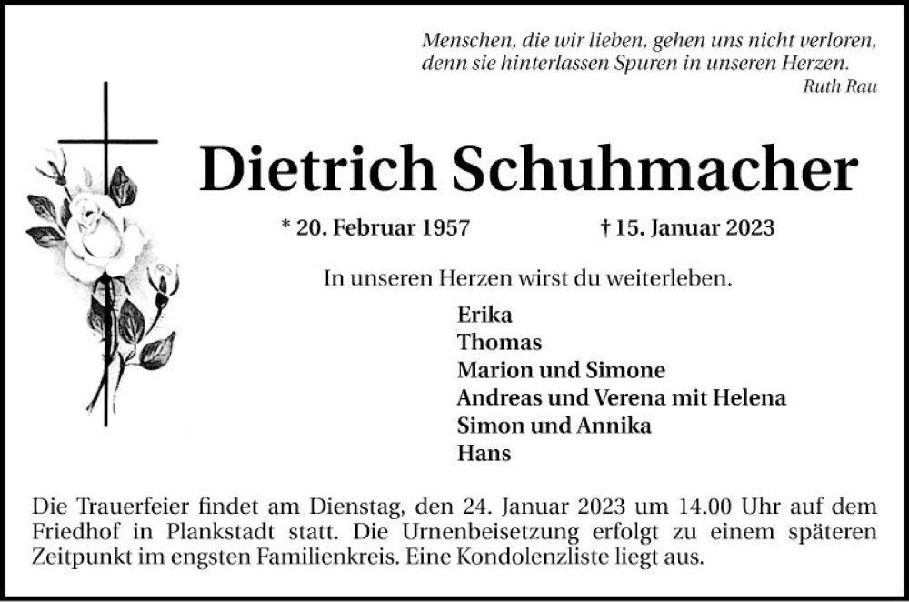  Traueranzeige für Dietrich Schuhmacher vom 21.01.2023 aus Schwetzinger Zeitung
