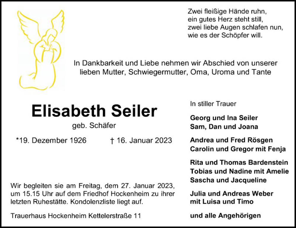  Traueranzeige für Elisabeth Seiler vom 21.01.2023 aus Schwetzinger Zeitung