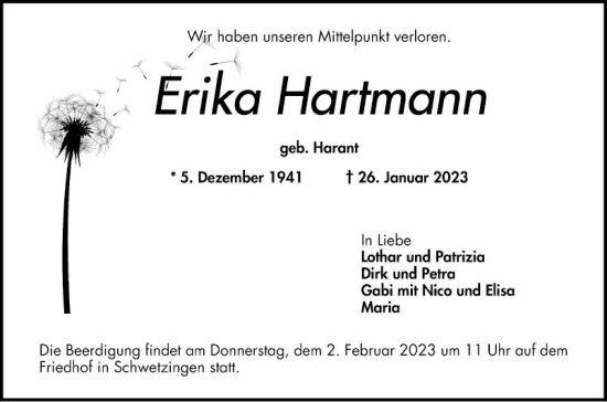 Traueranzeige von Erika Hartmann von Schwetzinger Zeitung