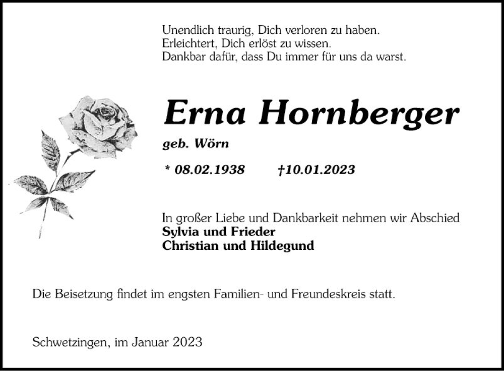 Traueranzeige für Erna Hornberger vom 21.01.2023 aus Schwetzinger Zeitung