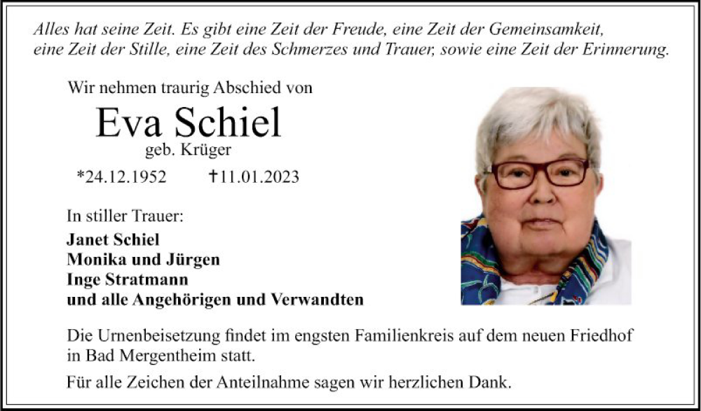  Traueranzeige für Eva Schiel vom 25.01.2023 aus Fränkische Nachrichten
