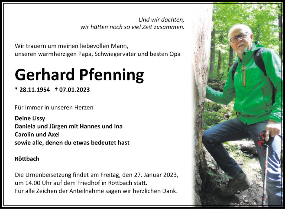  Traueranzeige für Gerhard Pfenning vom 21.01.2023 aus Fränkische Nachrichten