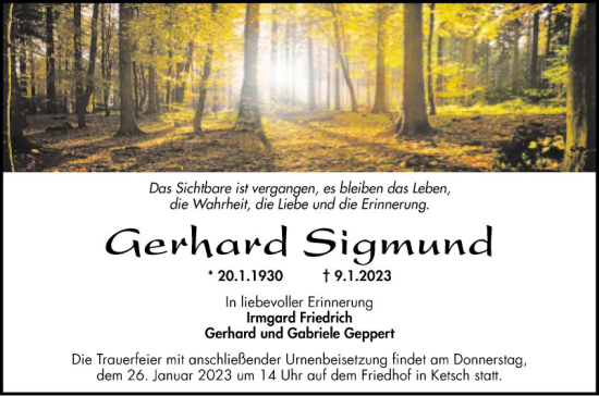 Traueranzeige von Gerhard Sigmund von Schwetzinger Zeitung