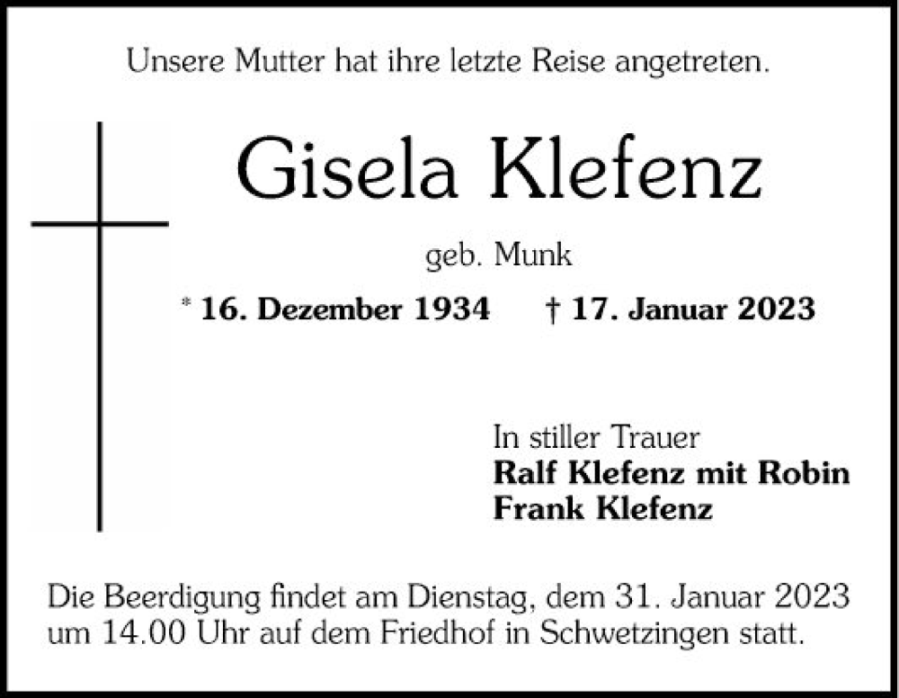  Traueranzeige für Gisela Klefenz vom 21.01.2023 aus Schwetzinger Zeitung