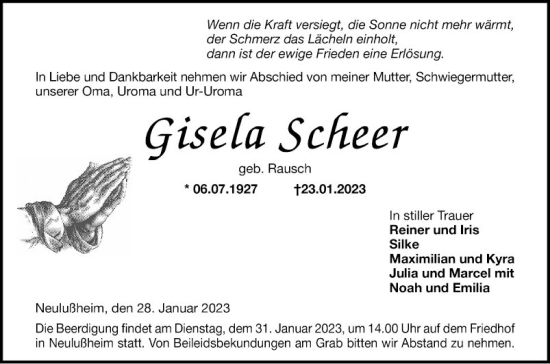 Traueranzeige von Gisela Scheer von Schwetzinger Zeitung