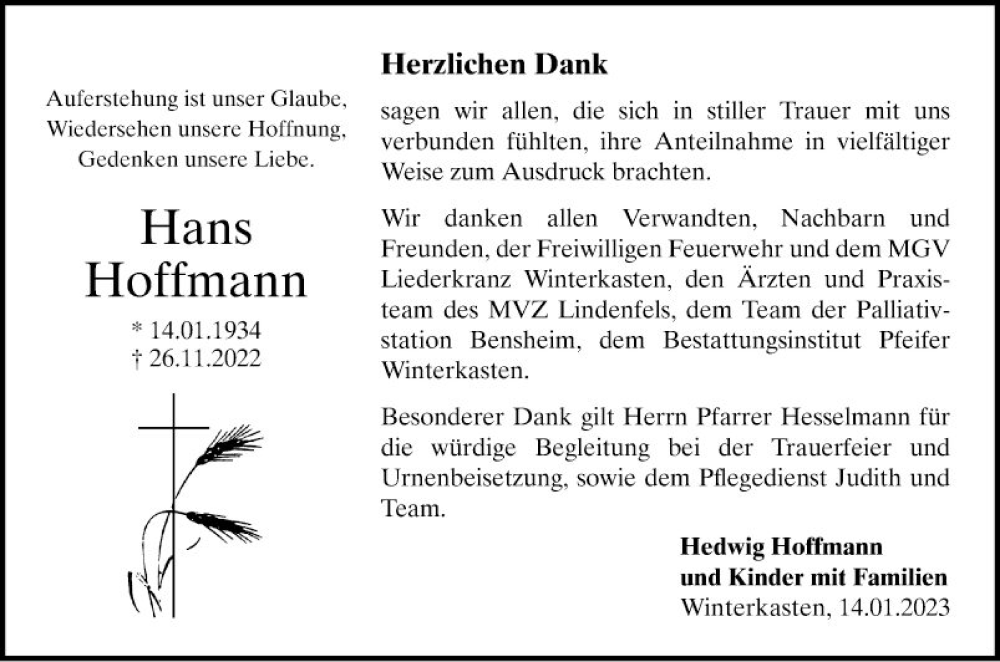  Traueranzeige für Hans Hoffmann vom 14.01.2023 aus Bergsträßer Anzeiger