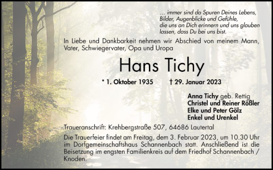 Traueranzeige von Hans Tichy von Bergsträßer Anzeiger