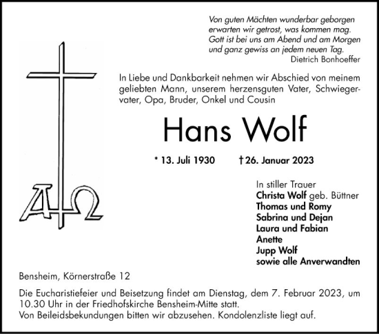 Traueranzeige von Hans Wolf von Bergsträßer Anzeiger