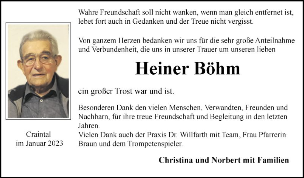  Traueranzeige für Heiner Böhm vom 11.01.2023 aus Fränkische Nachrichten