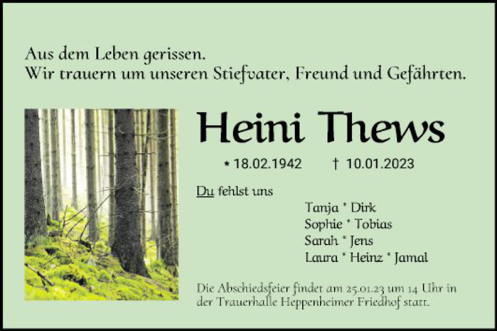  Traueranzeige für Heini Thews vom 21.01.2023 aus Bergsträßer Anzeiger