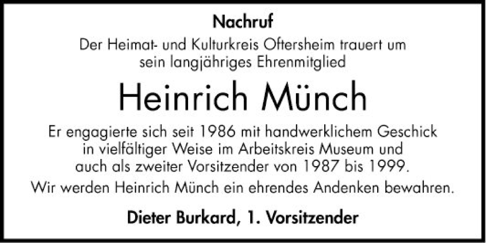  Traueranzeige für Heinrich Münch vom 25.01.2023 aus Schwetzinger Zeitung