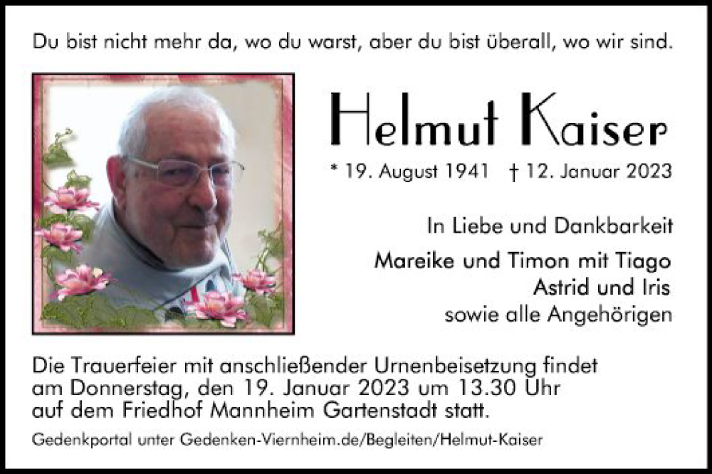  Traueranzeige für Helmut Kaiser vom 14.01.2023 aus Mannheimer Morgen