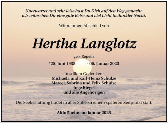 Traueranzeige von Hertha Langlotz von Schwetzinger Zeitung