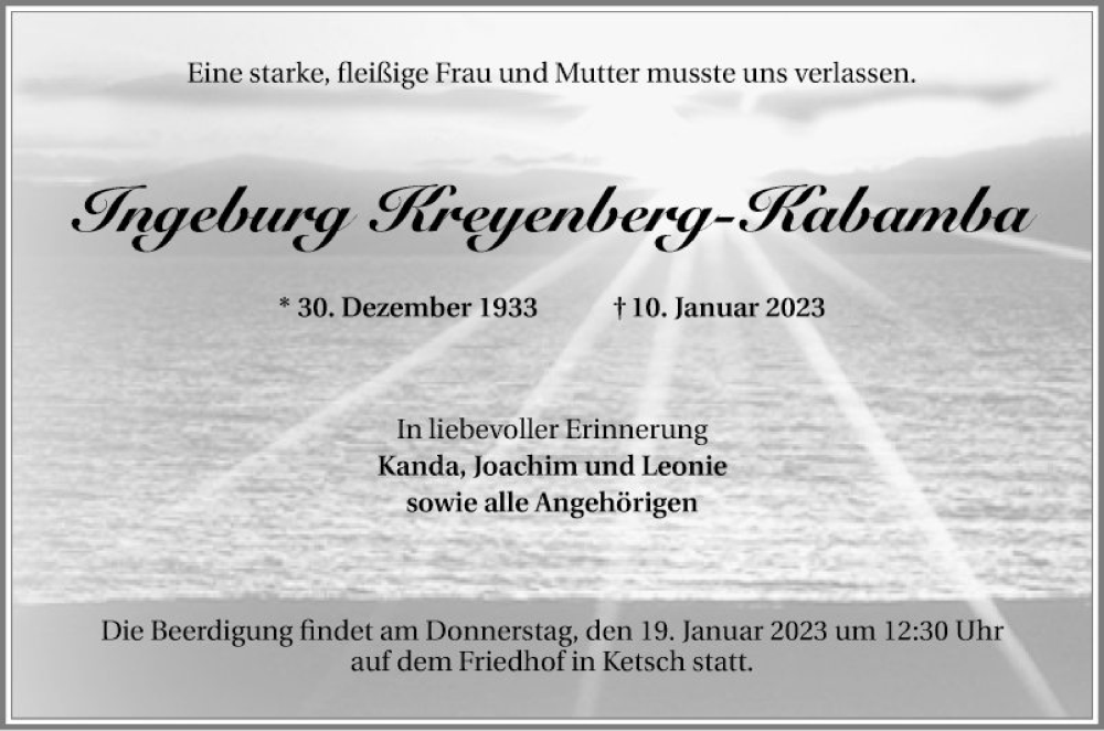  Traueranzeige für Ingeborg Kreyenberg-Kabamba vom 14.01.2023 aus Schwetzinger Zeitung