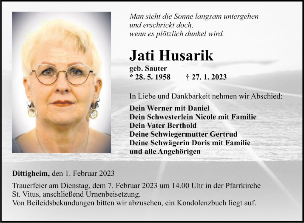  Traueranzeige für Jati Husarik vom 01.02.2023 aus Fränkische Nachrichten