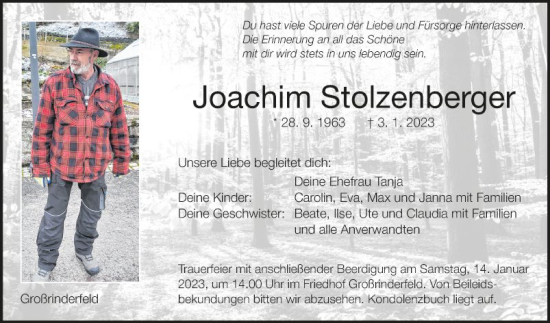 Traueranzeige von Joachim Stolzenberger von Fränkische Nachrichten