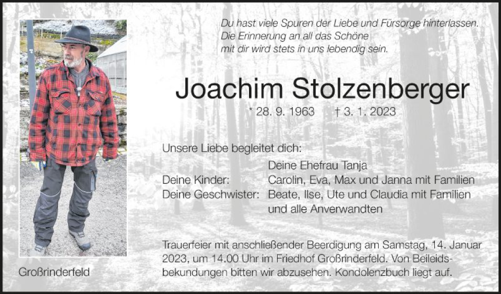  Traueranzeige für Joachim Stolzenberger vom 12.01.2023 aus Fränkische Nachrichten