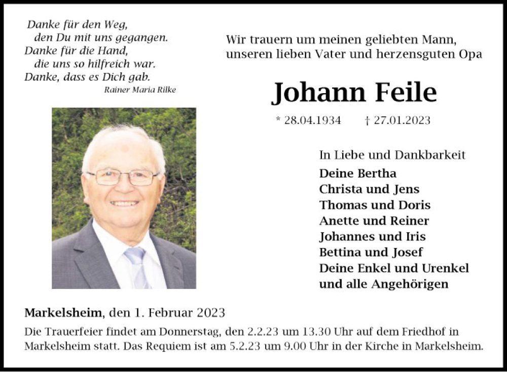  Traueranzeige für Johann Feile vom 01.02.2023 aus Fränkische Nachrichten