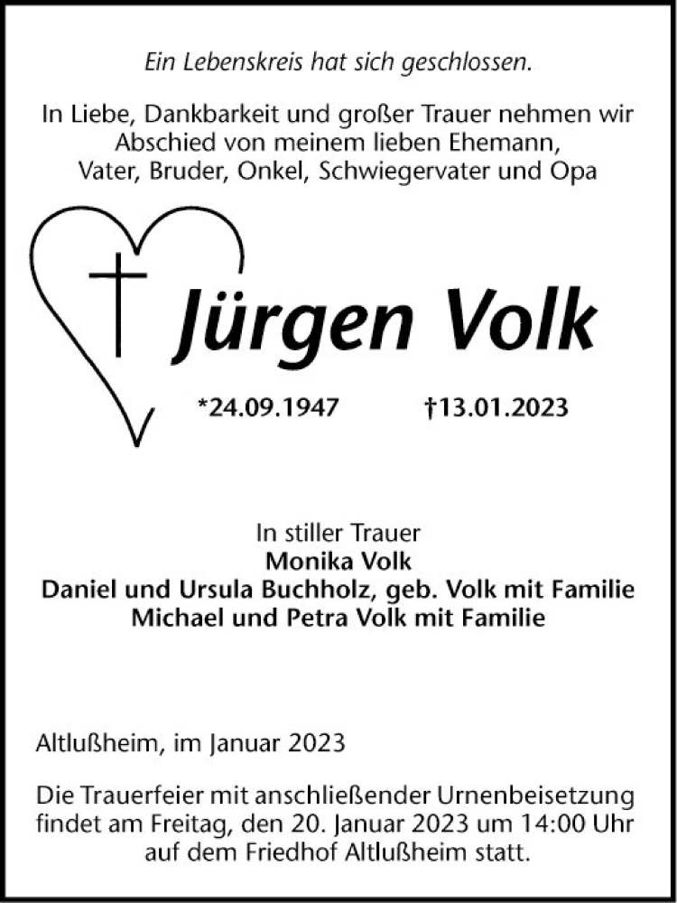  Traueranzeige für Jürgen Volk vom 18.01.2023 aus Schwetzinger Zeitung