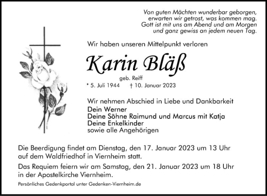 Traueranzeige von Karin Bläß von Mannheimer Morgen