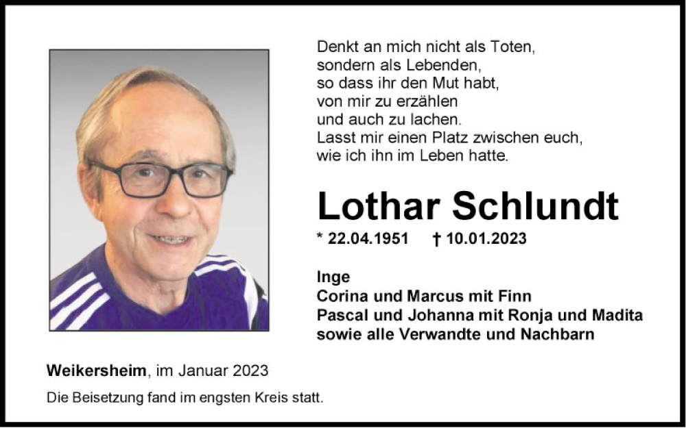  Traueranzeige für Lothar Schlundt vom 21.01.2023 aus Fränkische Nachrichten