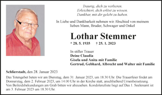Traueranzeige von Lothar Stemmer von Fränkische Nachrichten