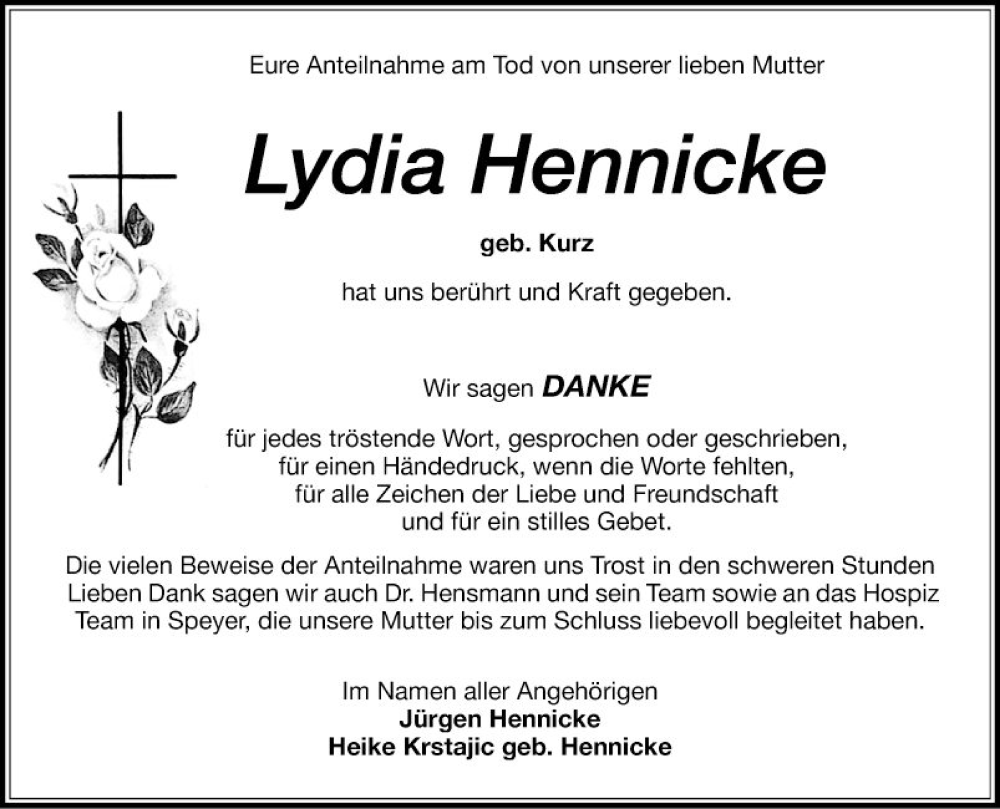  Traueranzeige für Lydia Hennicke vom 27.01.2023 aus Schwetzinger Zeitung