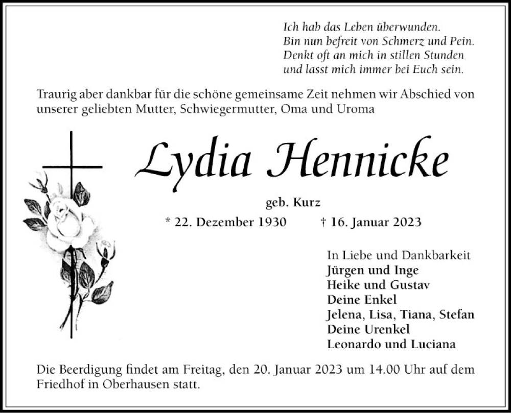 Traueranzeige für Lydia Hennicke vom 18.01.2023 aus Schwetzinger Zeitung
