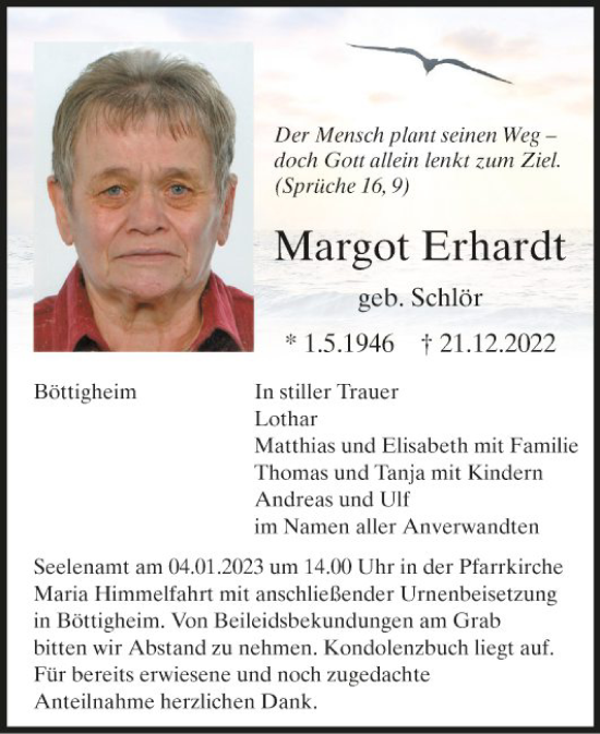 Traueranzeige von Margot Erhardt von Fränkische Nachrichten