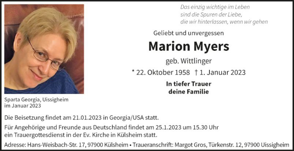  Traueranzeige für Marion Myers vom 14.01.2023 aus Fränkische Nachrichten