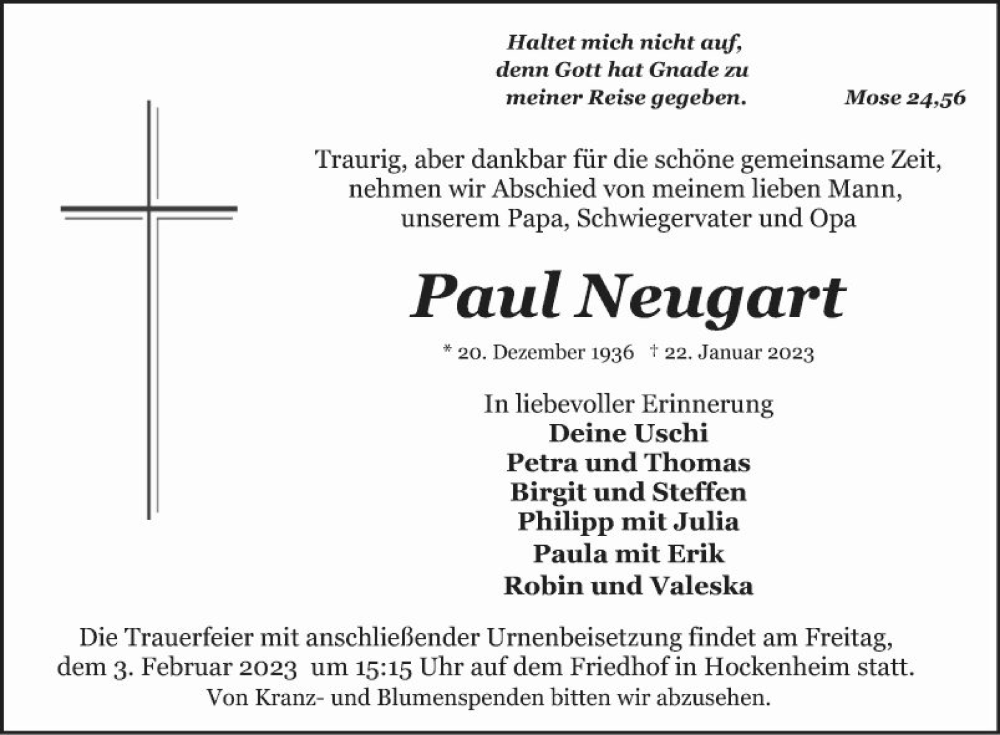  Traueranzeige für Paul Neugart vom 28.01.2023 aus Schwetzinger Zeitung