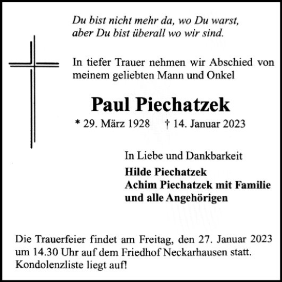 Traueranzeige von Paul Piechatzek von Mannheimer Morgen