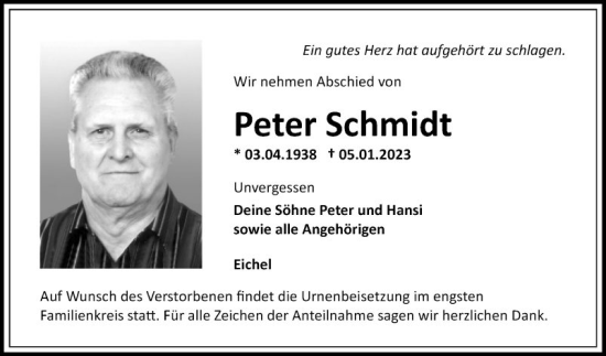 Traueranzeige von Peter Schmidt von Fränkische Nachrichten