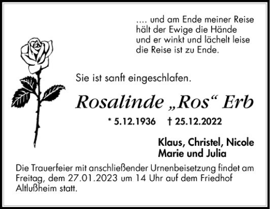 Traueranzeige von Rosalinde Erb von Schwetzinger Zeitung
