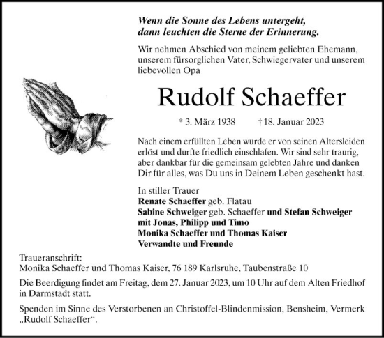 Traueranzeige von Rudolf Schaeffer von Bergsträßer Anzeiger
