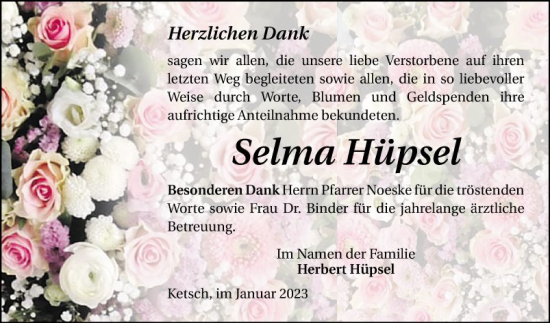 Traueranzeige von Selma Hüpsel von Schwetzinger Zeitung