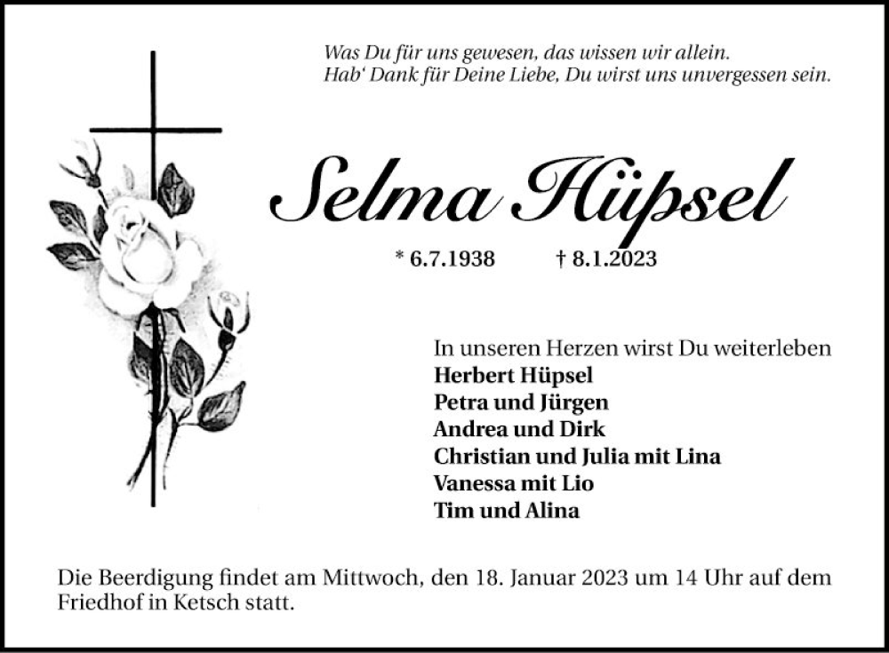  Traueranzeige für Selma Hüpsel vom 14.01.2023 aus Schwetzinger Zeitung