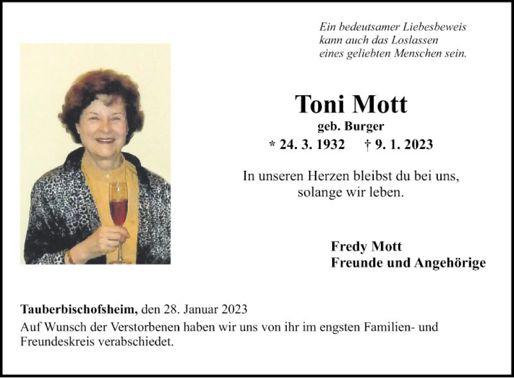  Traueranzeige für Toni Mott vom 28.01.2023 aus Fränkische Nachrichten