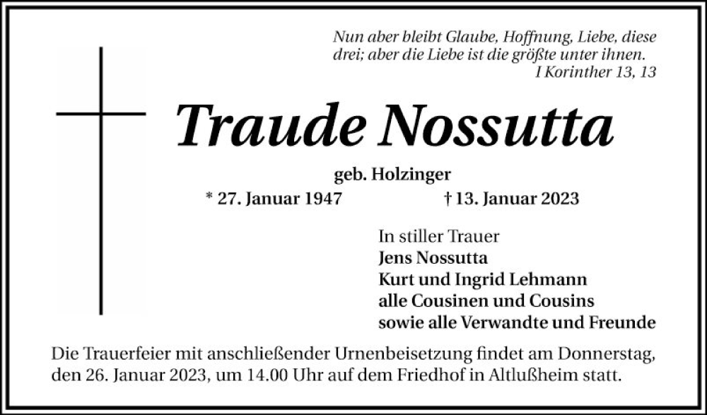  Traueranzeige für Traude Nossutta vom 23.01.2023 aus Schwetzinger Zeitung