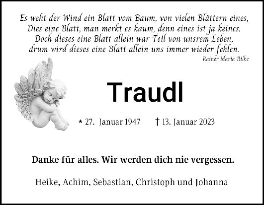  Traueranzeige für Traudl  vom 25.01.2023 aus Schwetzinger Zeitung