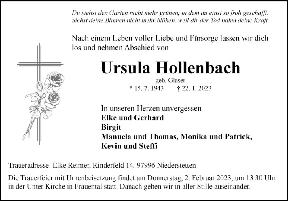 Traueranzeige für Ursula Hollenbach vom 31.01.2023 aus Fränkische Nachrichten