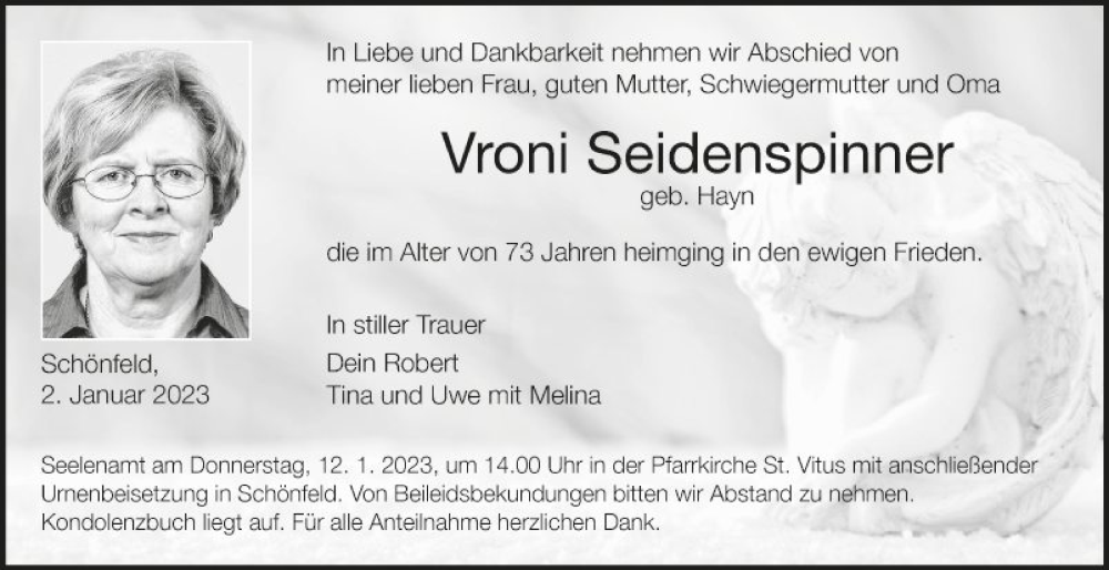  Traueranzeige für Vroni Seidenspinner vom 10.01.2023 aus Fränkische Nachrichten