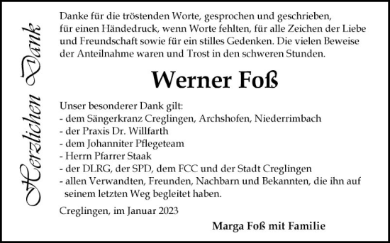 Traueranzeige von Werner Foß von Fränkische Nachrichten