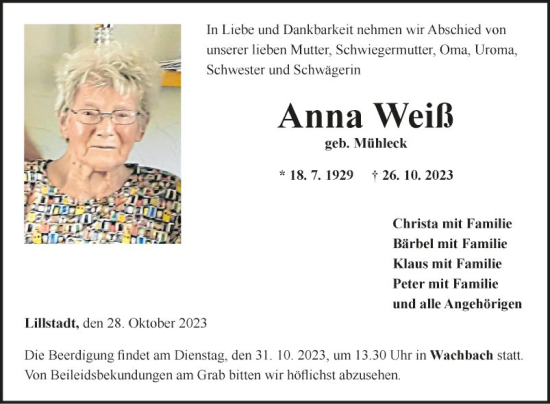 Traueranzeige von Anna Weiß von Fränkische Nachrichten